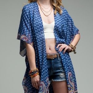 Women's Bohemian Kimono Cover Up Vibrant Paisley Blue One Size